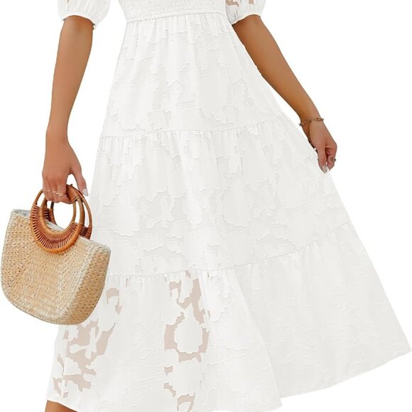 Dresses & Skirts - Women's 2025 Summer Short Puff Sleeve Crewneck Smocked Floral Lace Flowy A Line